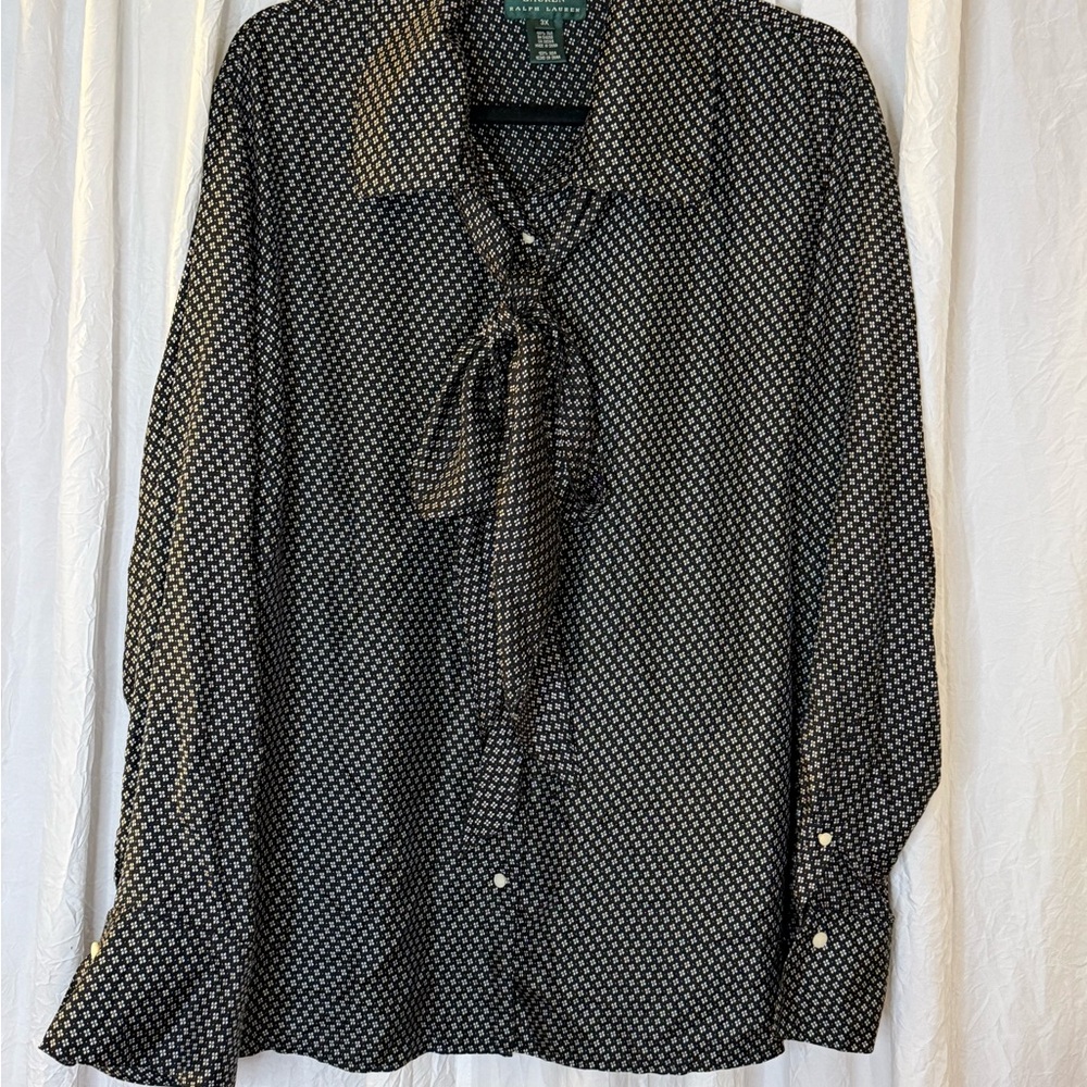 Ralph Lauren 100% Silk Black and White Geometric Tie-Neck Button-Down Blouse